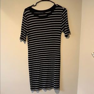 Black and White Striped  Ribbed Tee Short Dress